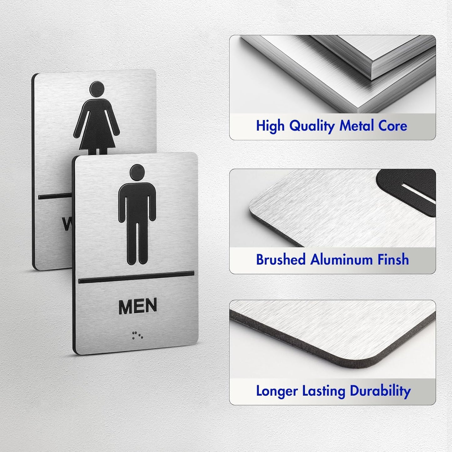 Letreros baño aluminio cepillado ADA 9x6pulg plateado set2
