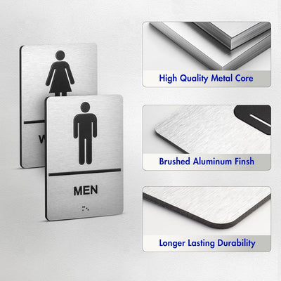 Letreros baño aluminio cepillado ADA 9x6pulg plateado set2