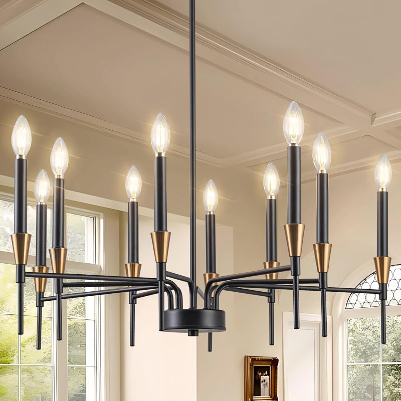 Candelabro industrial 10 luces negras y doradas para comedor