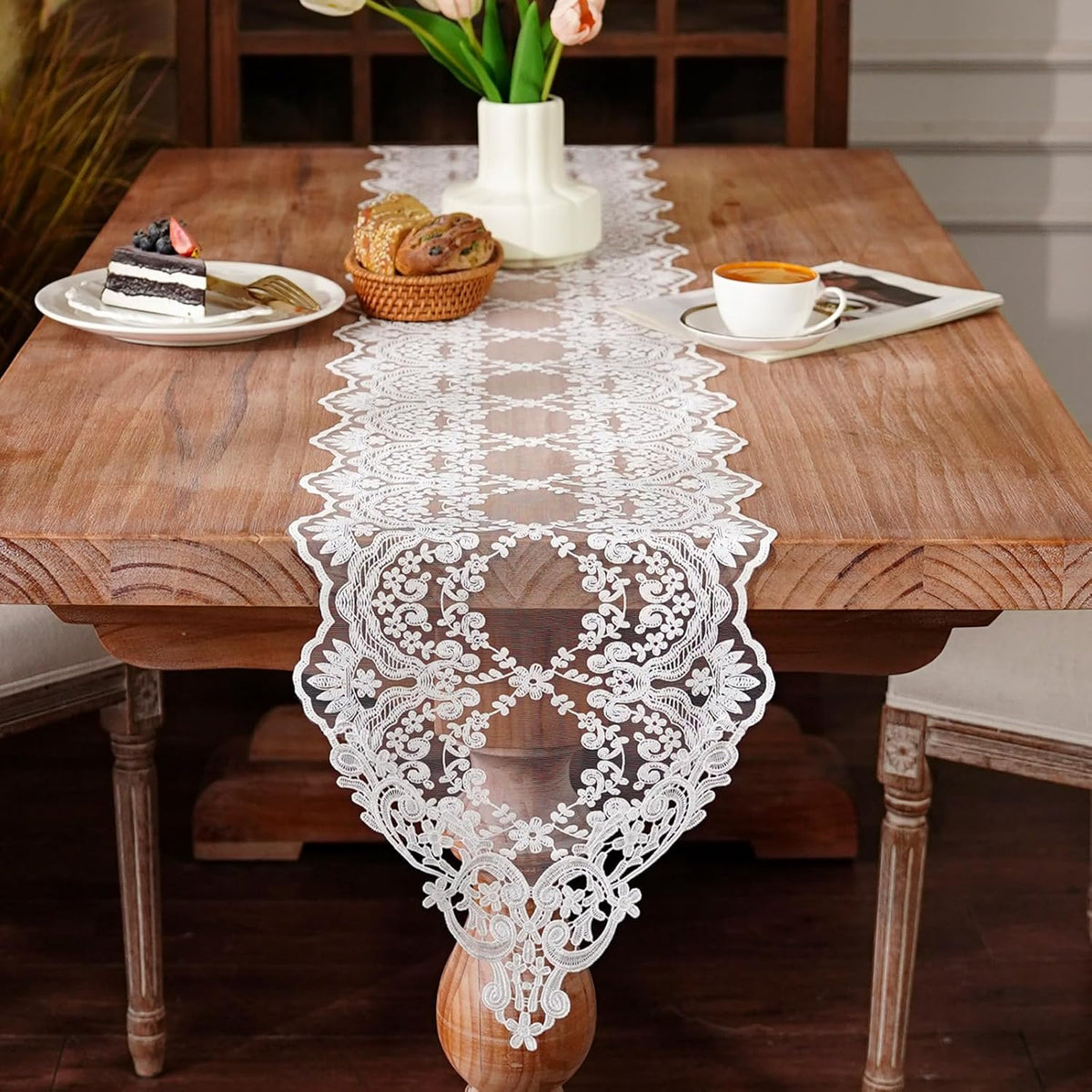 Caminos mesa blanco patrón flores vintage 12x48pulg