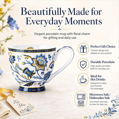 Taza floral porcelana hueso 16oz té café apta microondas