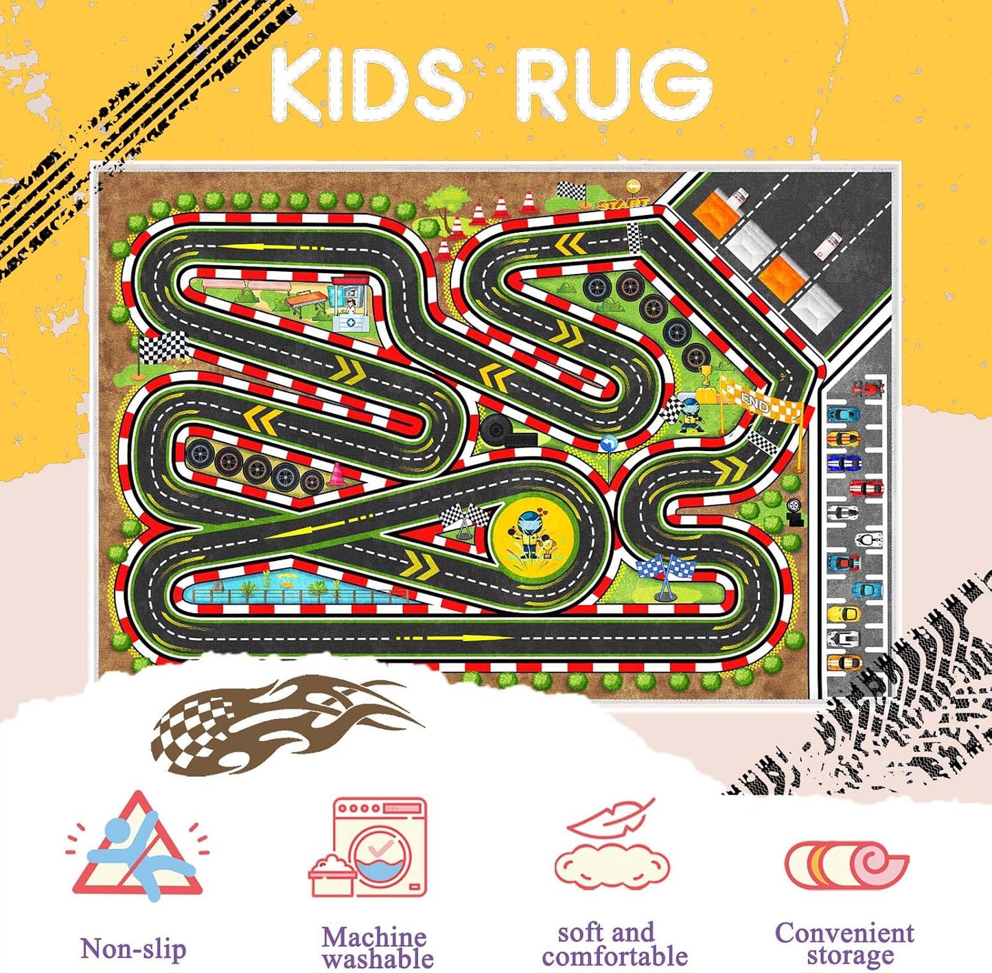 Alfombra de carreras para niños con mapa de carreteras