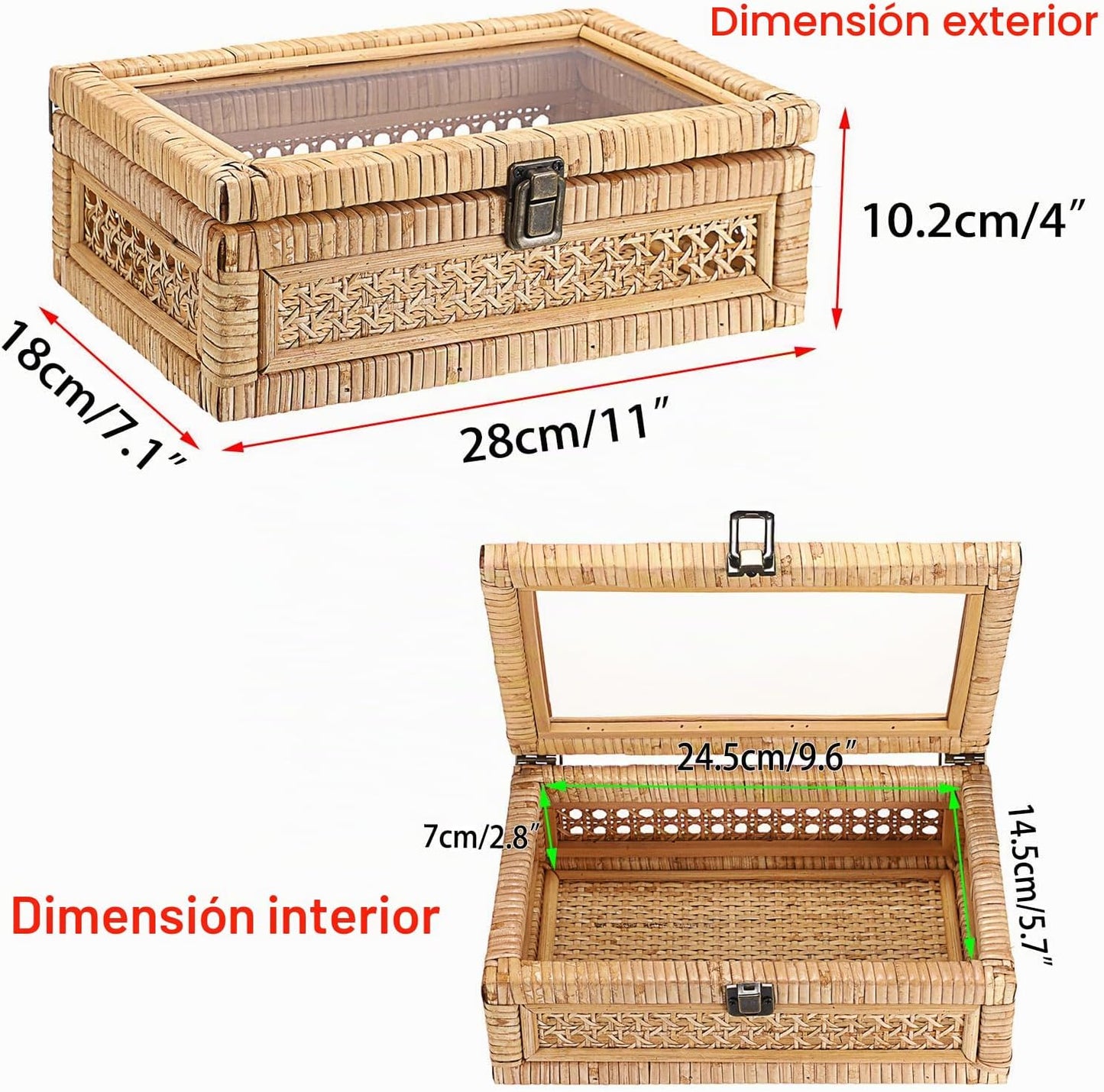 Caja ratán tapa transparente cesta rectangular