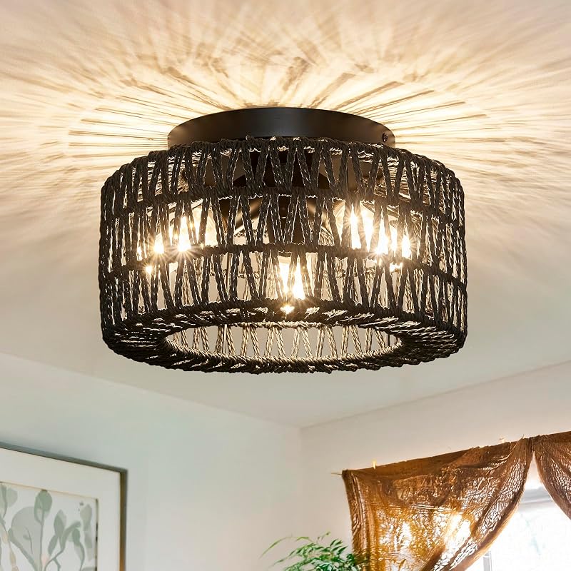 Lámpara techo ratán 3 luces pantalla tejida pasillo