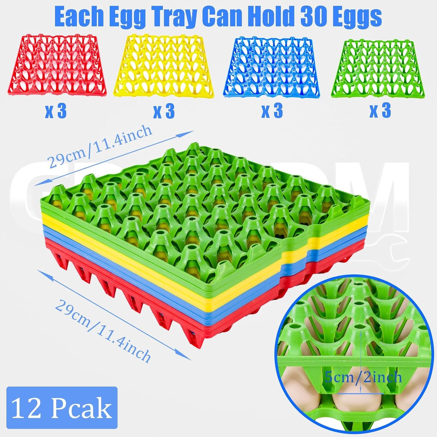 Pack 12 bandejas plástico huevos 30 celdas apilables 4 colores