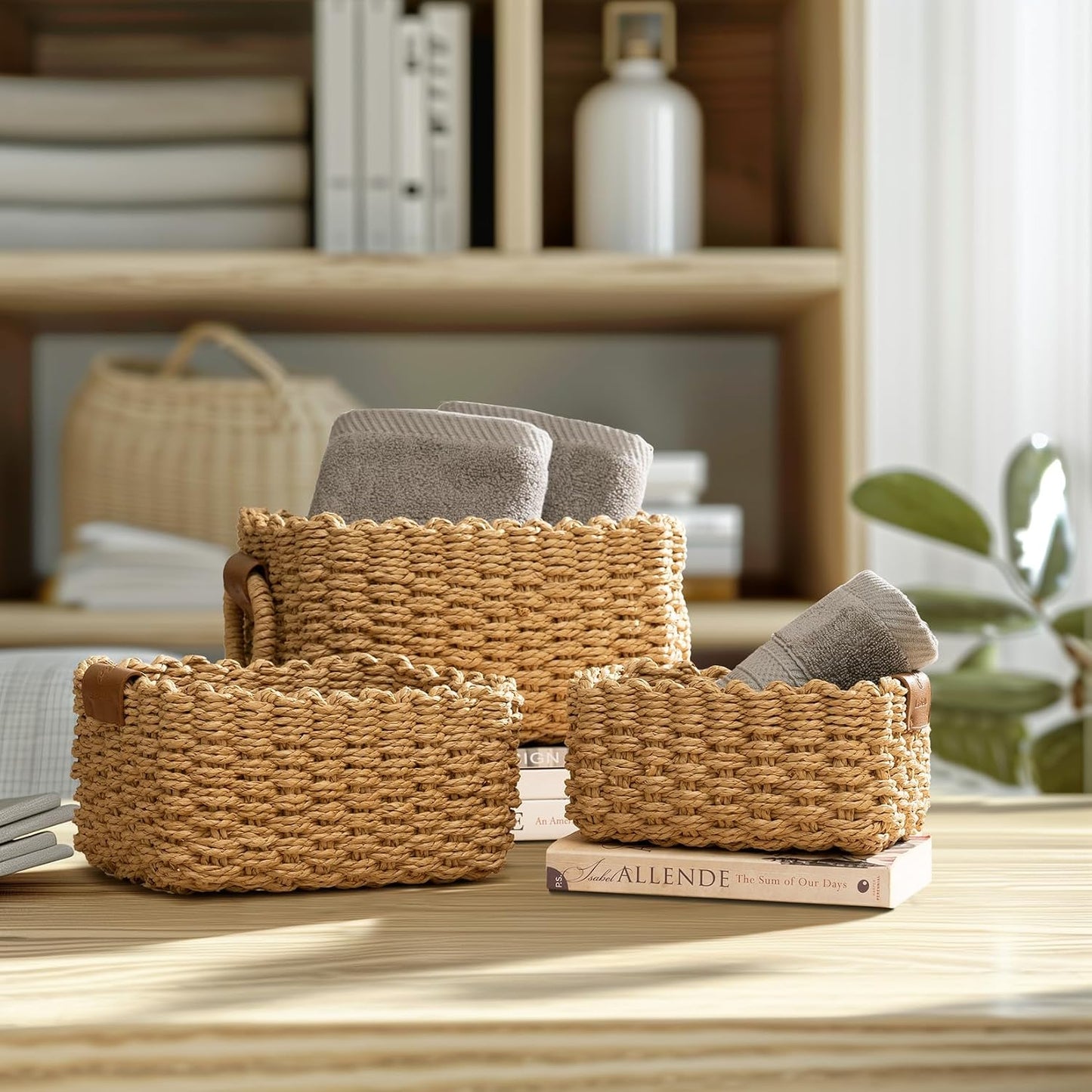 3 Cestas Mimbre Pequeñas con Asa para Almacenar y Decorar
