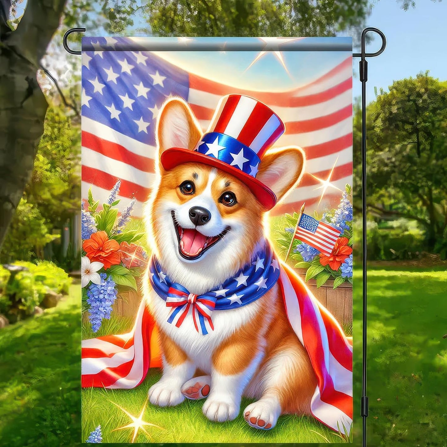 Bandera patriótica perro corgi 12x18pulg doble cara
