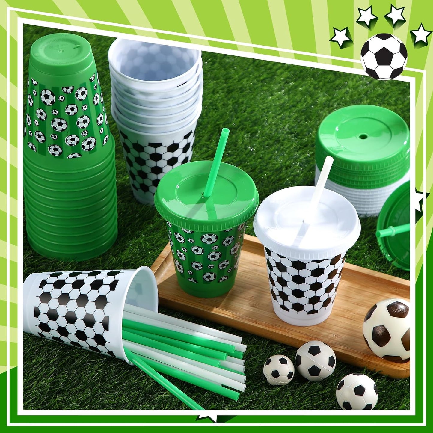 30 Tazas Fútbol 16oz con Pajita Tapas Reutilizables