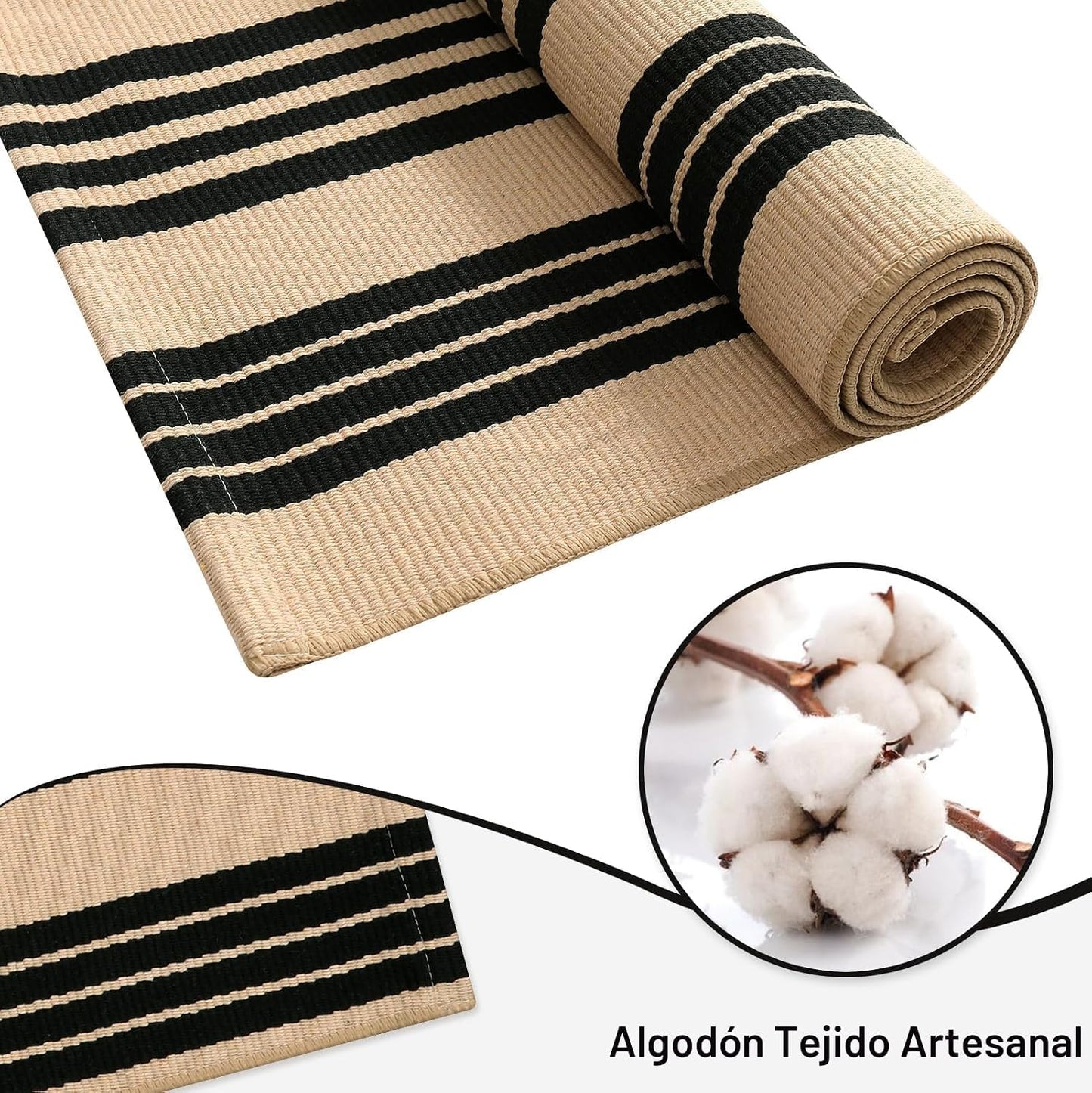 Tapete Navidad algodón tejido 3x5ft negro y café rayas