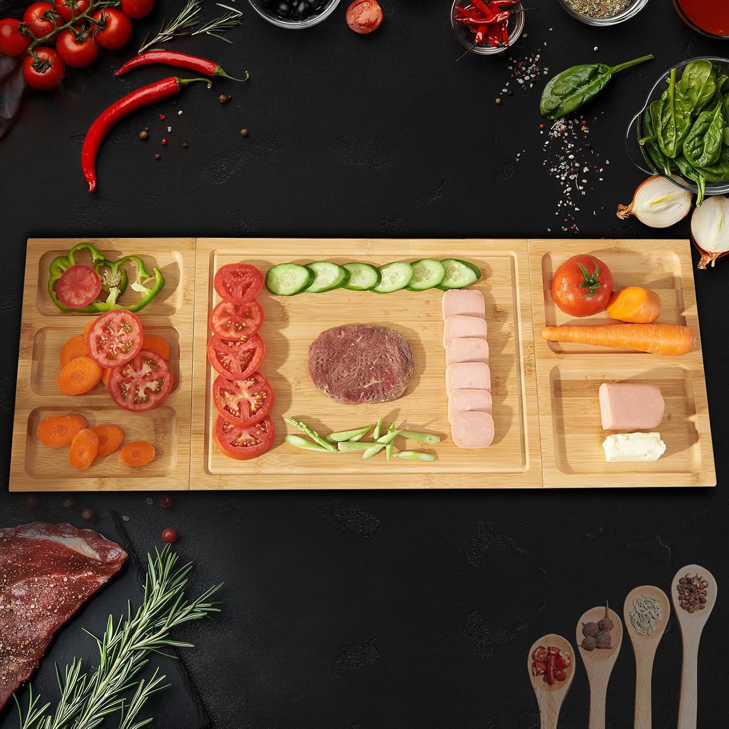 Tablas de cortar bambú cocina juego con almacenamiento