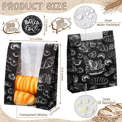 100 Bolsas Pan Kraft 14x8.3x3.5" Con Etiqueta Adhesiva Negro