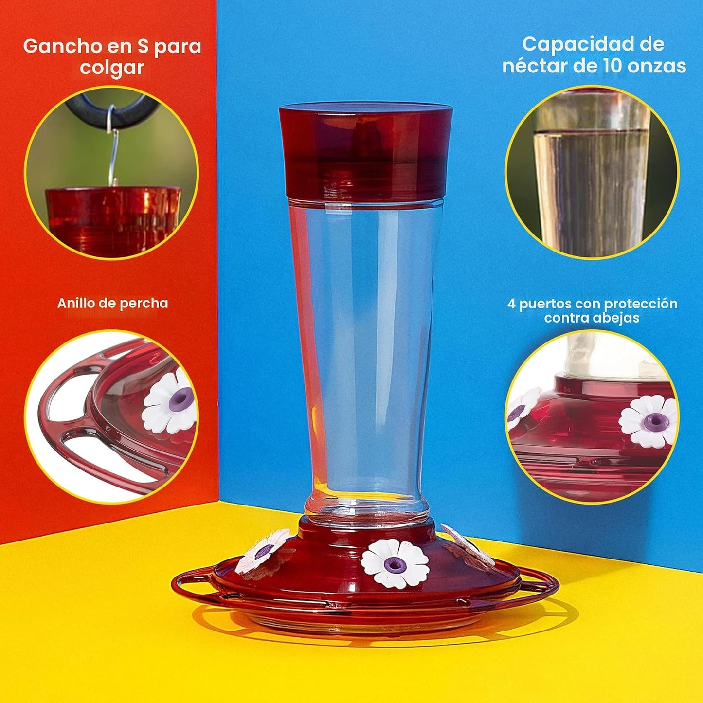 Comedero colibríes vidrio 10oz rojo rubí