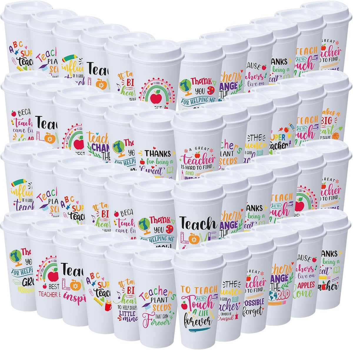 48 Vasos Plástico Multicolor con Tapas Regalo Profesores