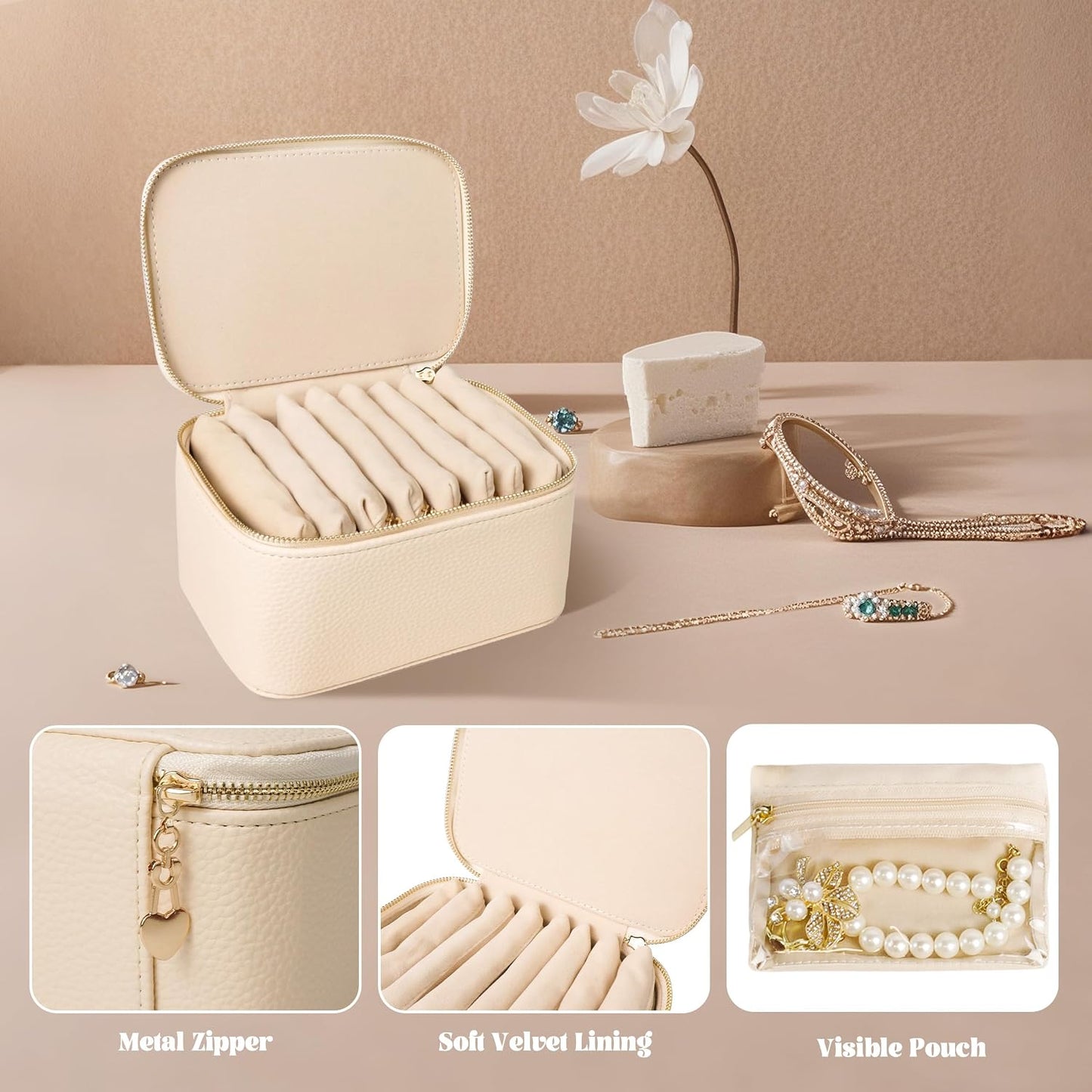 Caja joyas viaje con 8 bolsas terciopelo beige