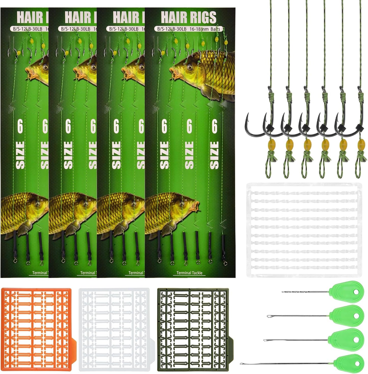 Kit aparejo pesca carpa 26/30 pzas anzuelos curvados hilo trenzado