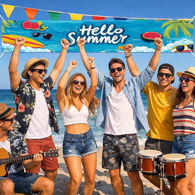 Cartel Hello Summer 118x20" decoración fiesta piscina playa