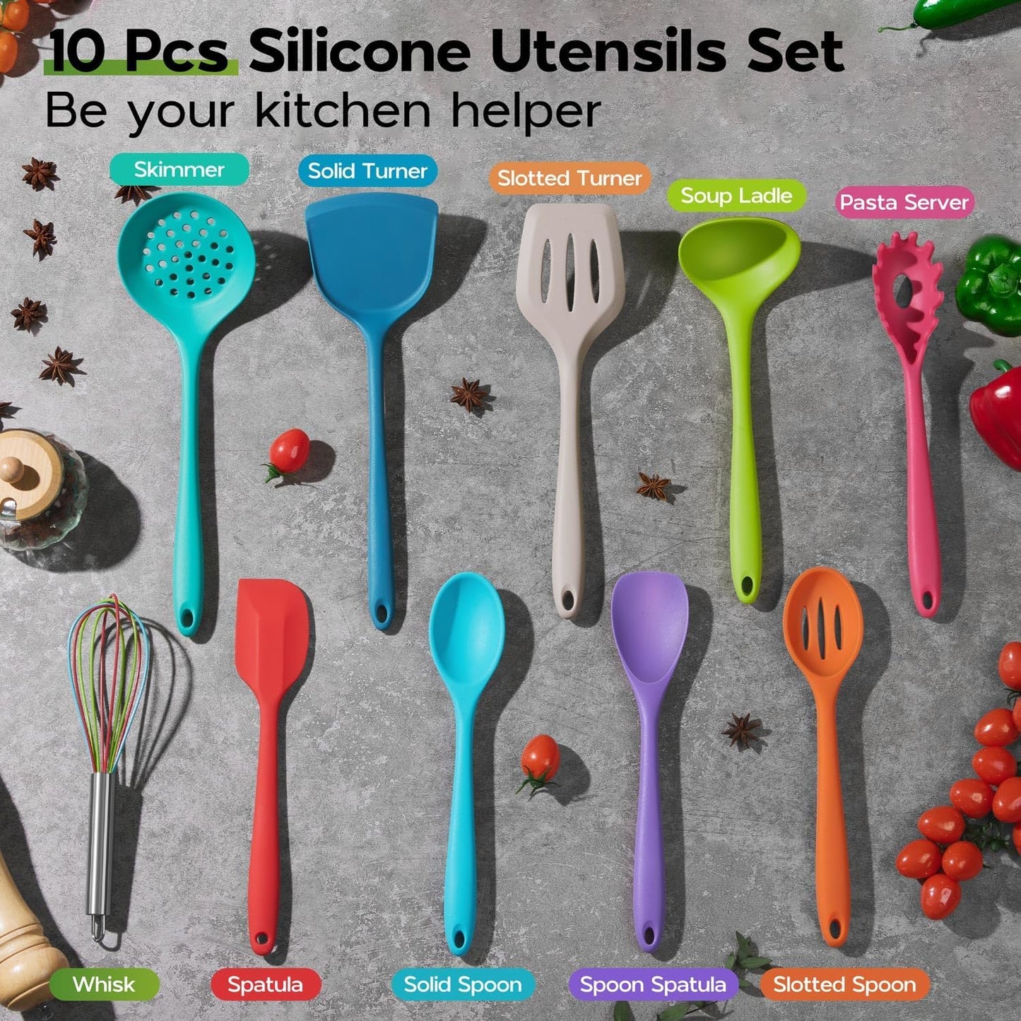 Set 10 Pzas Utensilios Silicona Antiadherente Colorido