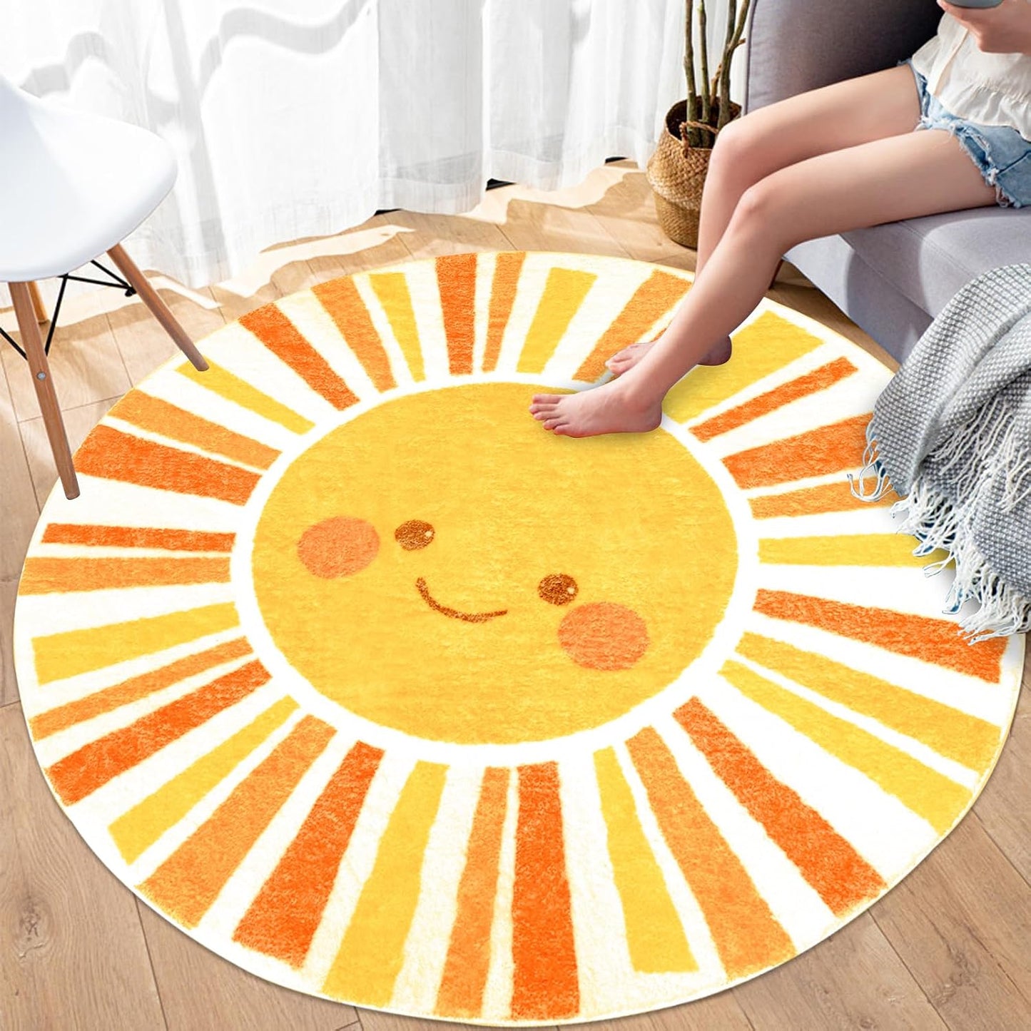 Alfombra bohemia redonda para niños naranja y amarillo