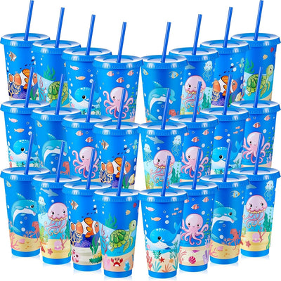 24 Pzas Vasos Plástico Bajo el Mar 24oz con Tapas y Pajitas