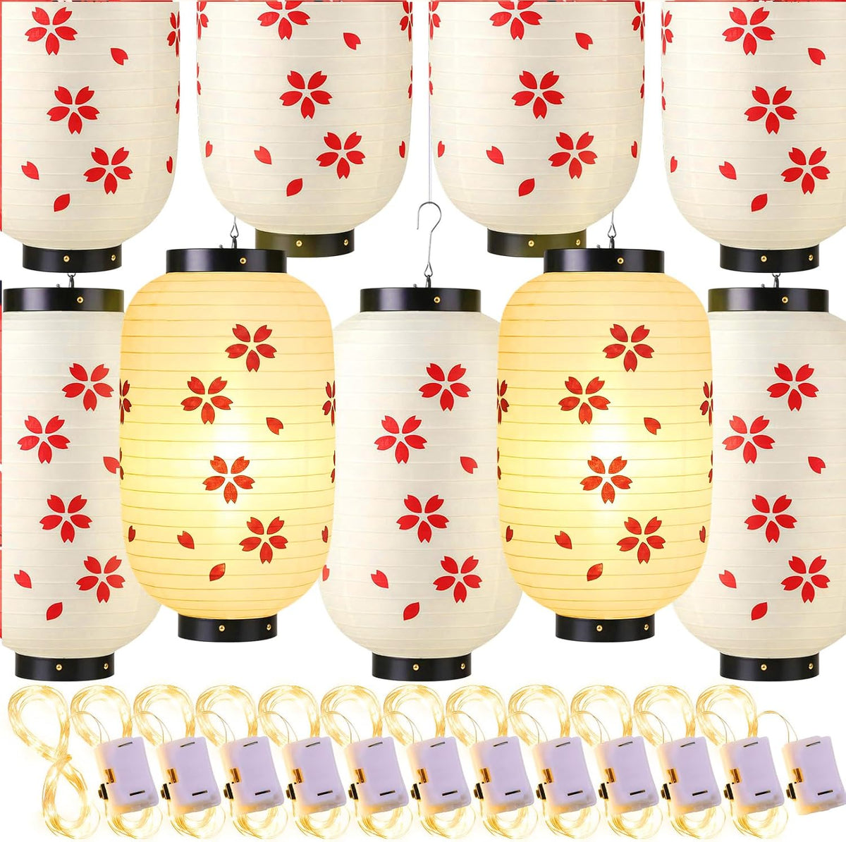 Juego 24 faroles seda roja estilo japonés luces decoración