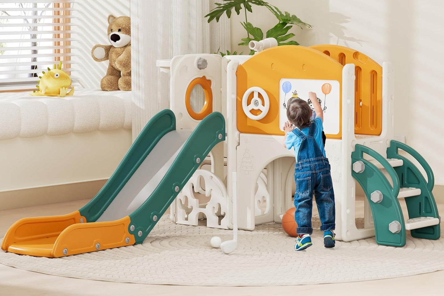 Tobogán infantil con set y almacenamiento verde amarillo