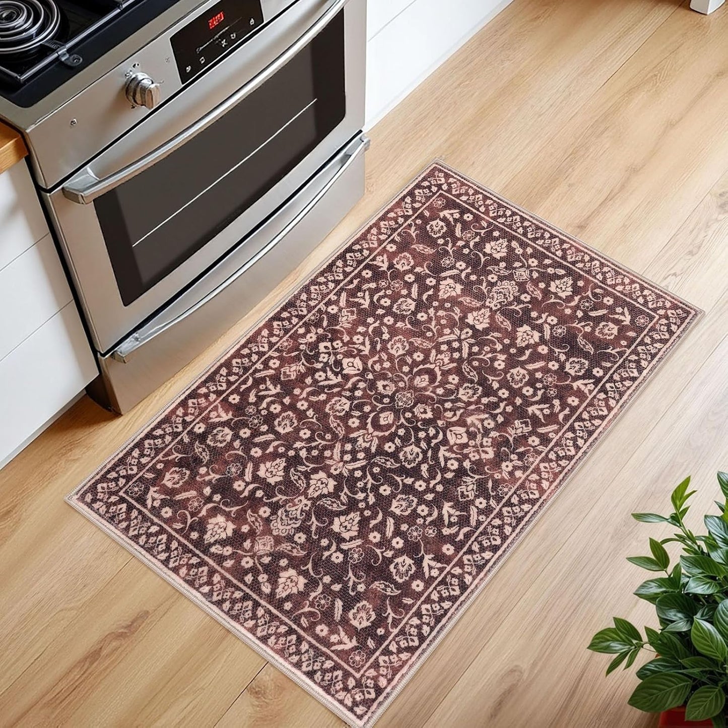 Alfombra entrada vintage burdeos 2x3ft antiderrap