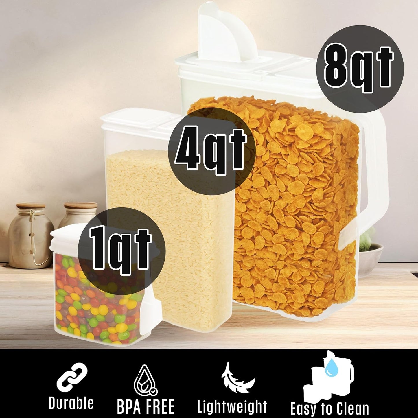 Dispensador alimentos 8qt set 3 plástico sin BPA con cuchara