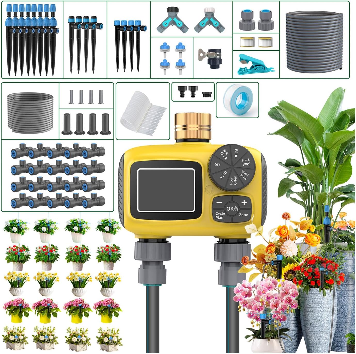 Kit riego goteo 150pies 2zonas divisor manguera 2vias antifugas