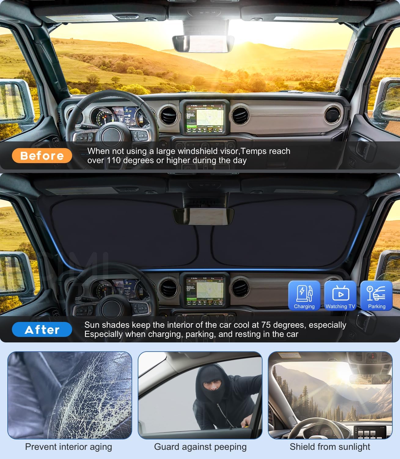 Parasol térmico Jeep Wrangler UV 1997-2025 plegable