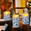 3 Pzas Velas LED Chinoiserie Azul y Blanca con Control Remoto