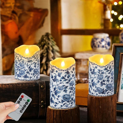 3 Pzas Velas LED Chinoiserie Azul y Blanca con Control Remoto