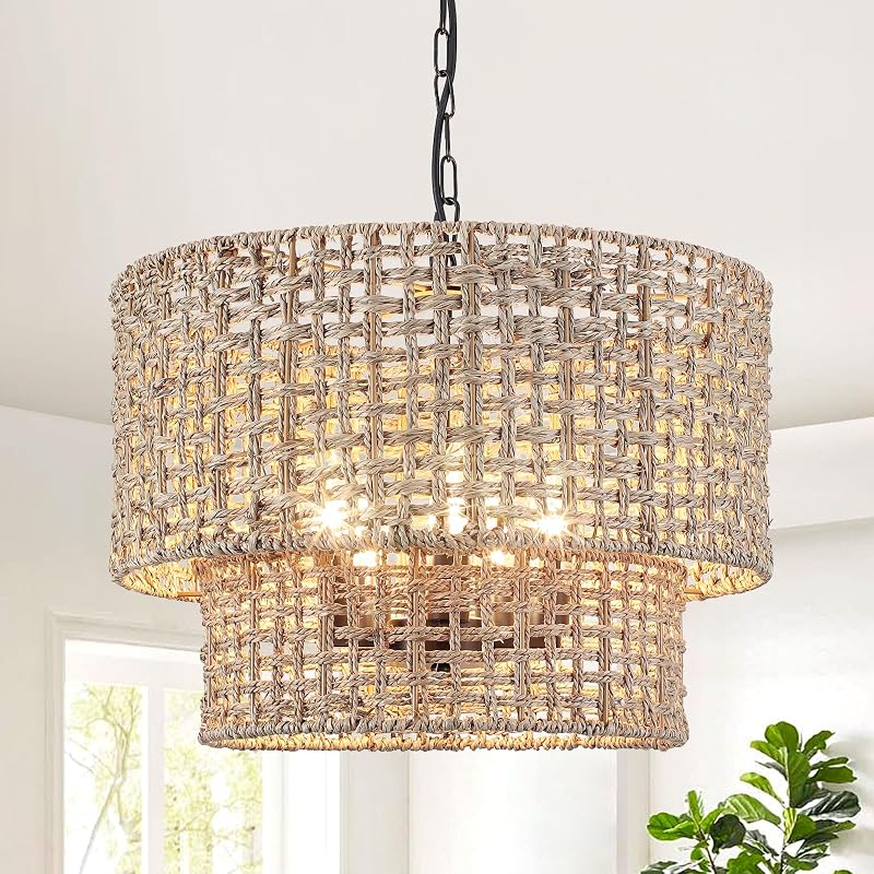 Lámpara colgante de ratán 5 luces estilo granja sala comedor