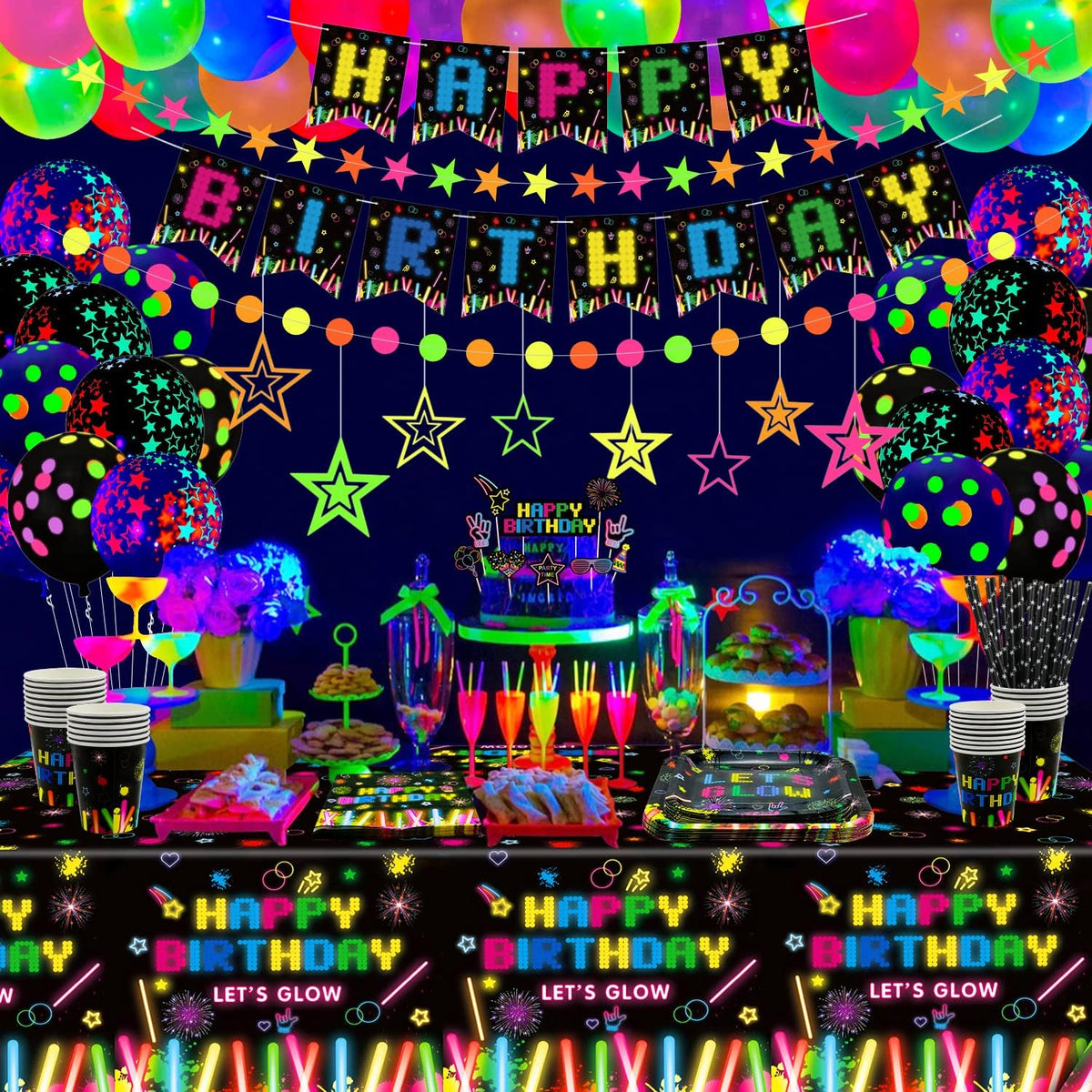 Juego 241 pzas globos fiesta neón estrella