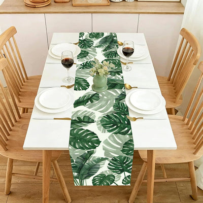 Camino de mesa primaveral extra largo 13 x 108 pulgadas con hojas verdes de plátano Monstera