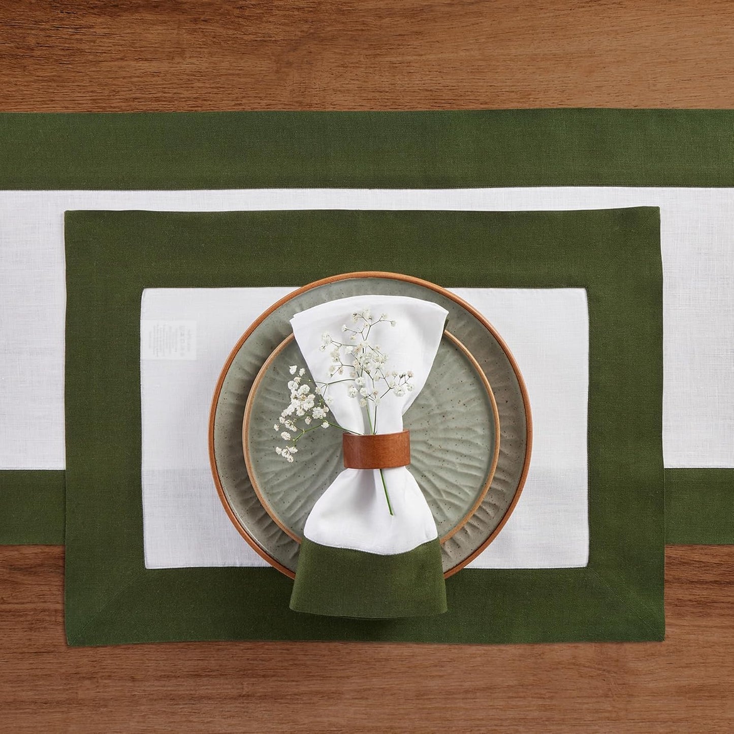 Set 4 servilletas lino 20x20 pulg lavables oliva y blanco