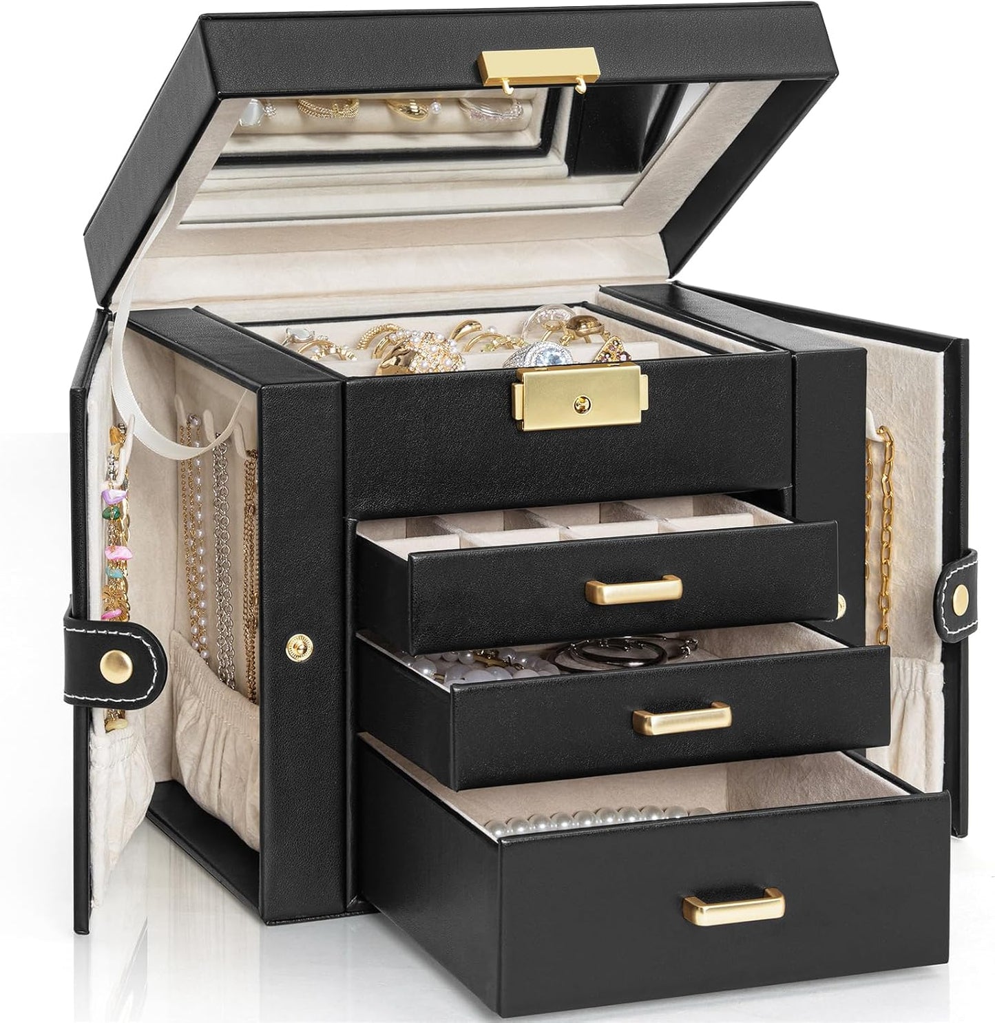Caja joyas 4 niveles cuero con cajones y cerradura