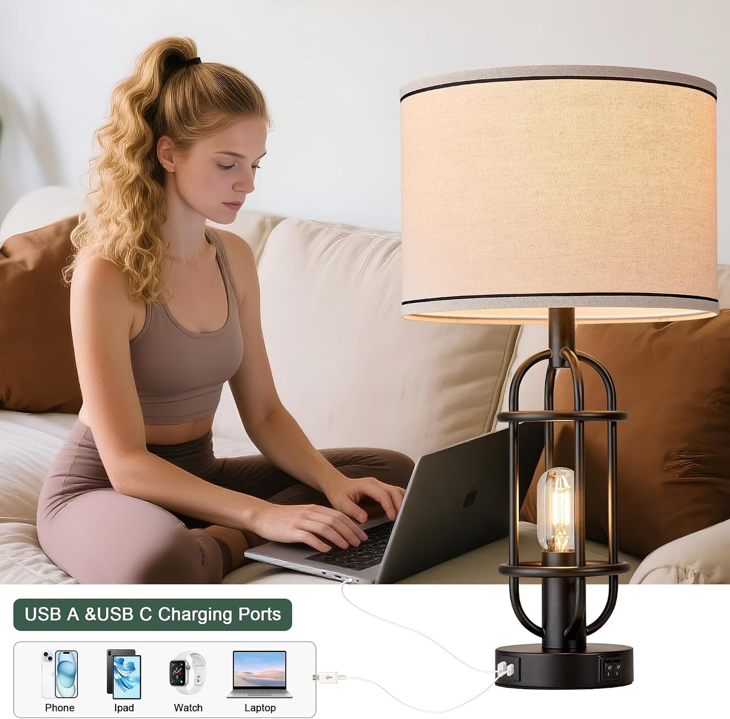 2 Lámparas Mesa Negras 22" Sala Dormitorio con USB