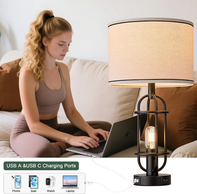 2 Lámparas Mesa Negras 22" Sala Dormitorio con USB