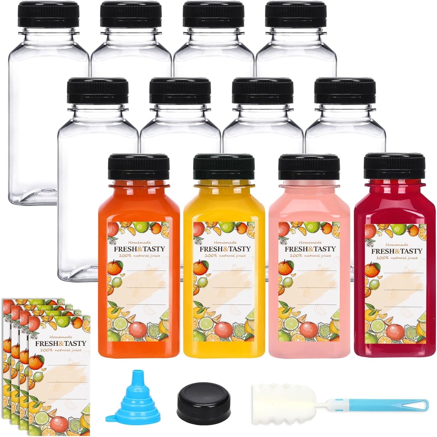 Botellas plásticas transparentes TOMNK 12 unidades 8 oz con tapas, embudo y cepillo