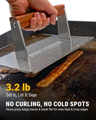 Prensa tocino acero inox 3.2lb para parrilla plana 9.25x5.7pulg