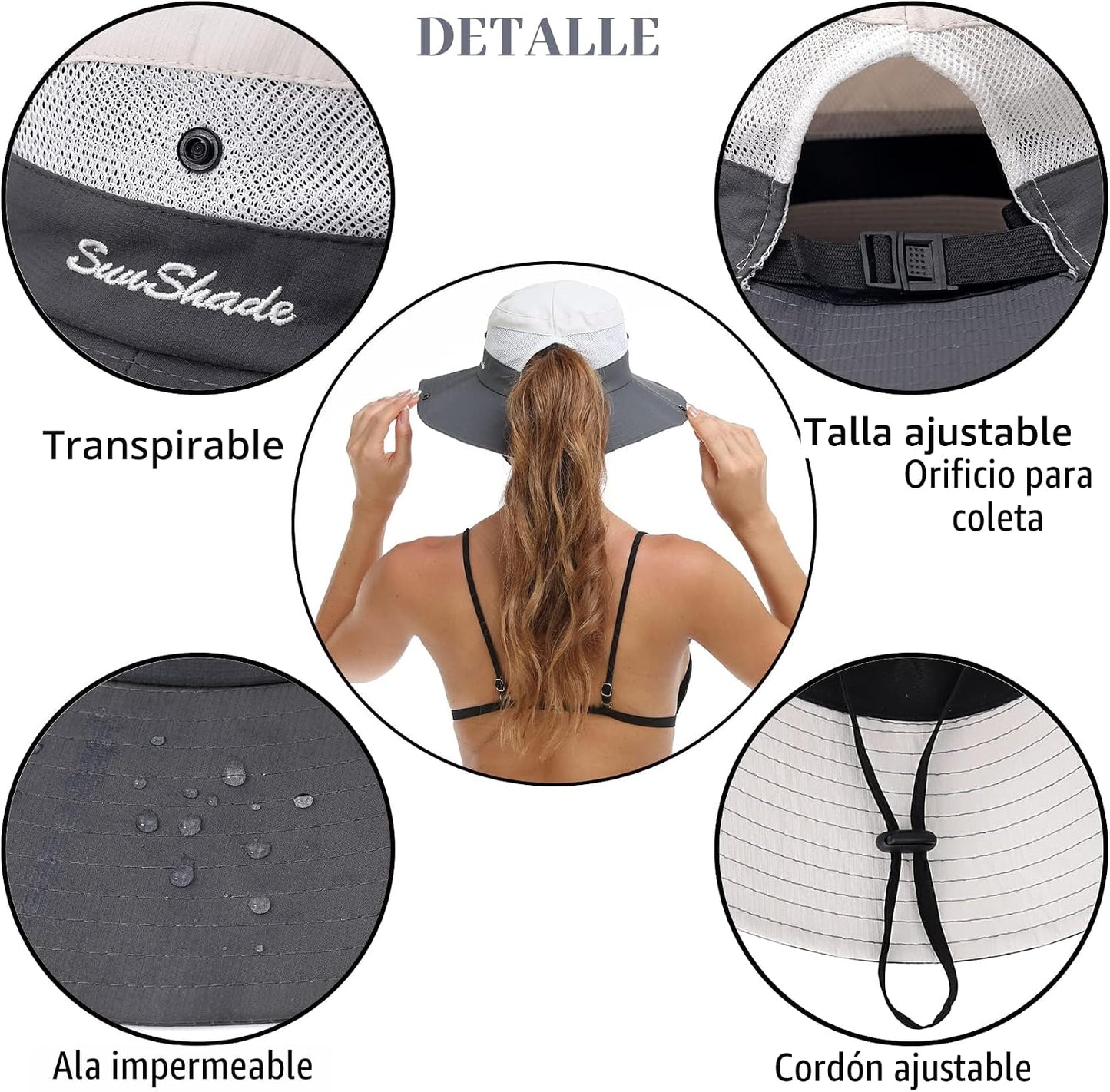 Sombrero playa mujer ala ancha UV plegable malla cola