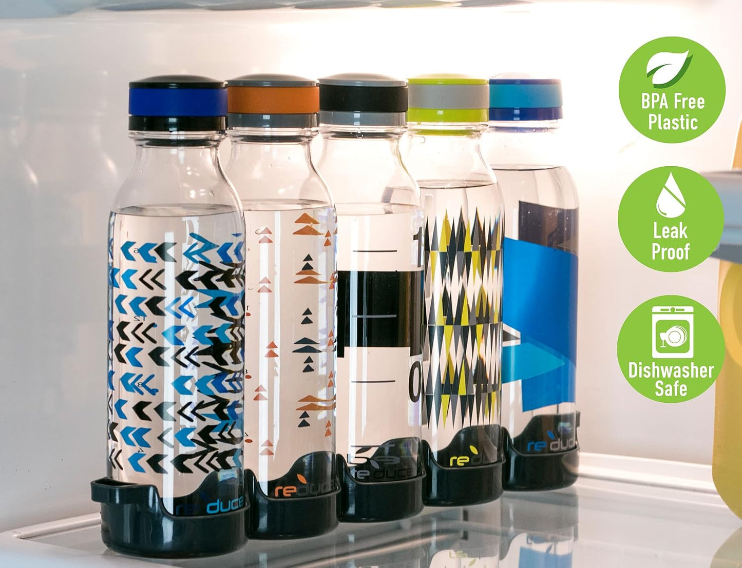 Set 5 botellas agua reutiliz. 20oz sin BPA con bandeja