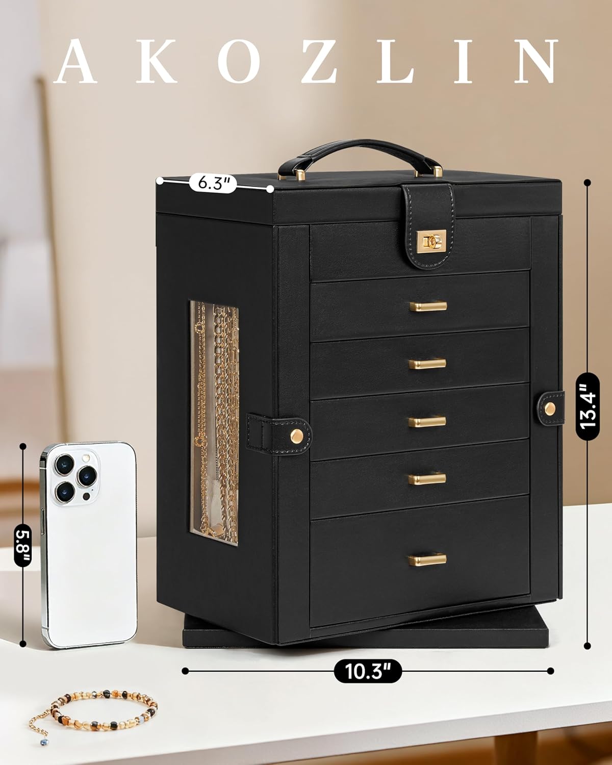 Caja giratoria joyas 6 niveles con soporte anillos collares