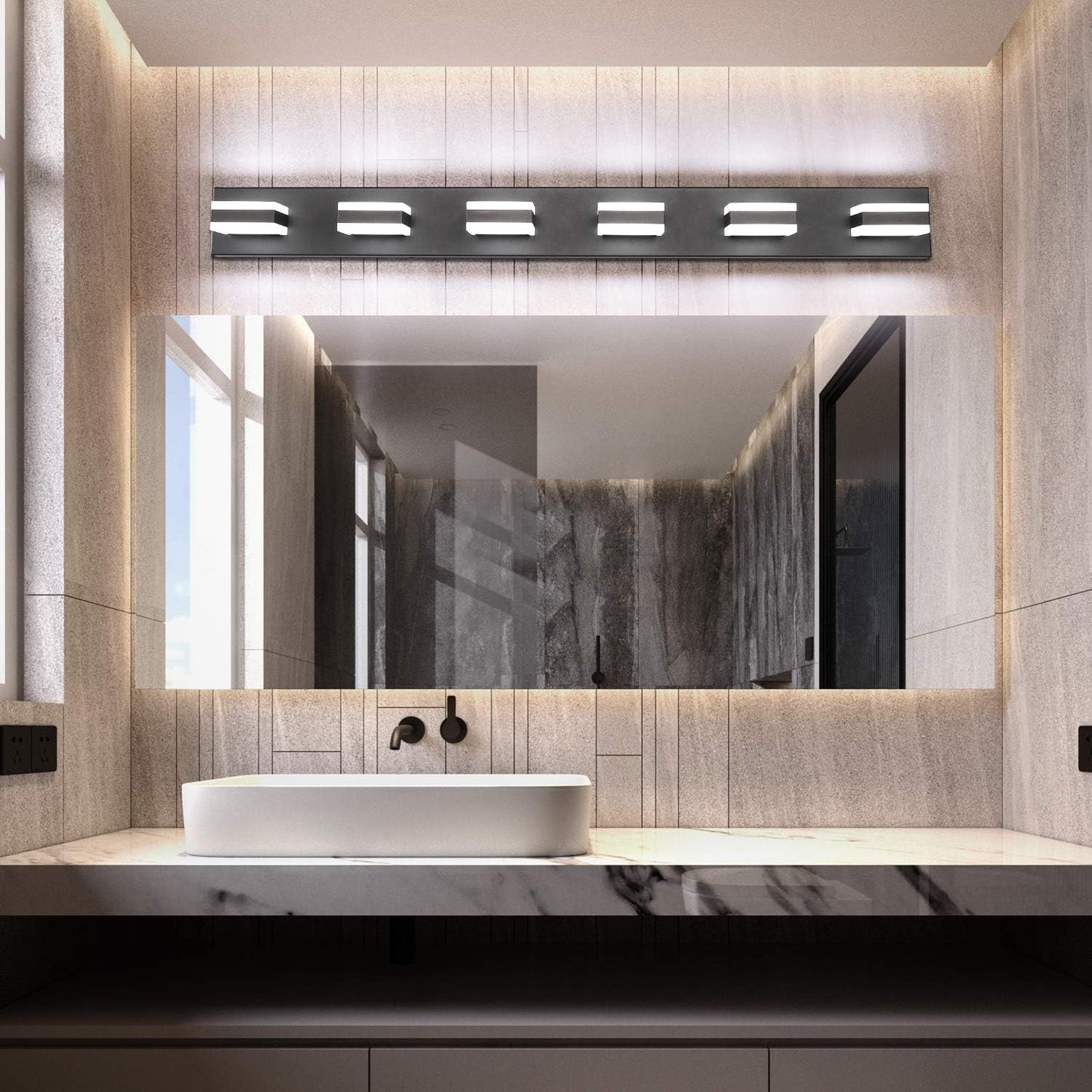 Luz tocad. baño LED regulable 6 luces acrílica negro mate