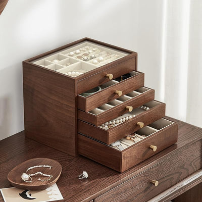 Caja madera nogal negro 5 niveles con tapa vidrio joyas