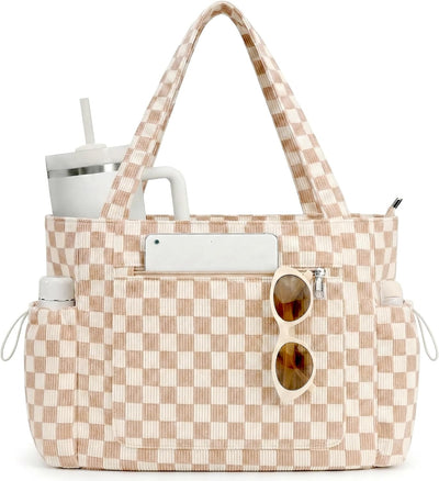 Bolsa de mano pana grande con compartimentos para mujer