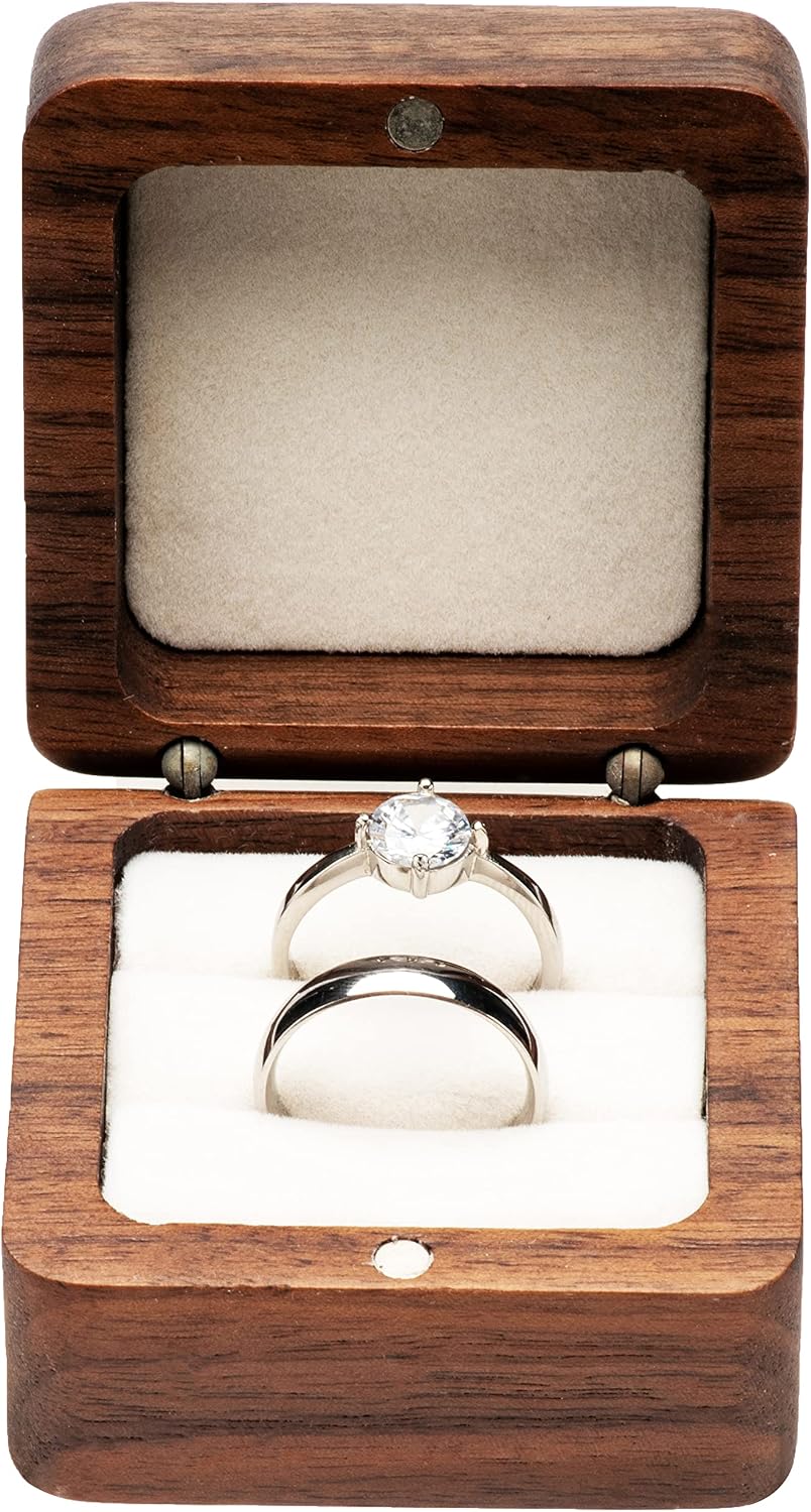 Caja madera maciza doble anillo boda soporte beige