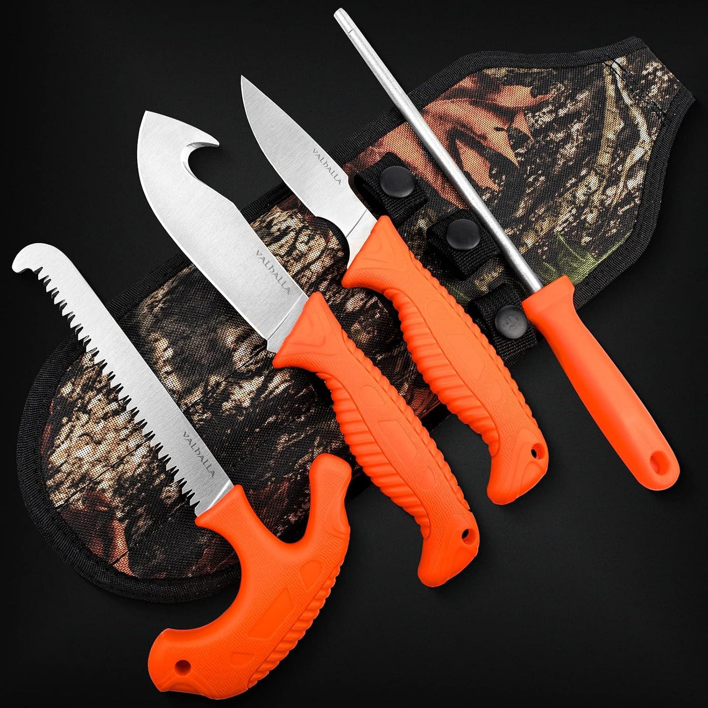 Set 4 cuchillos caza con sierra hueso afilador y funda