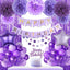 Decoración cumpleaños morada globos pancarta flecos pompones
