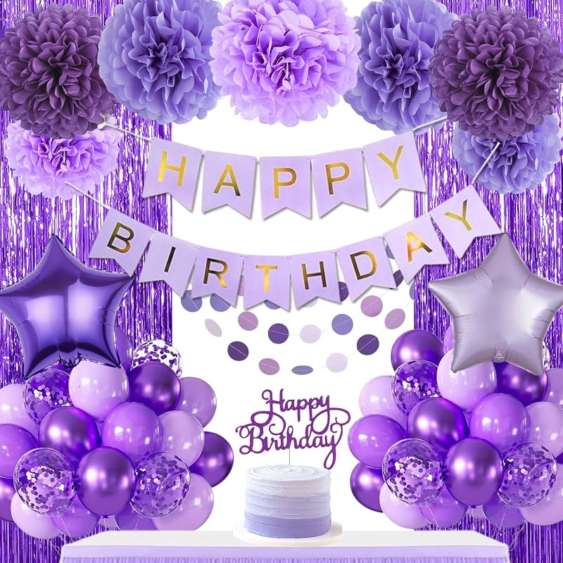 Decoración cumpleaños morada globos pancarta flecos pompones